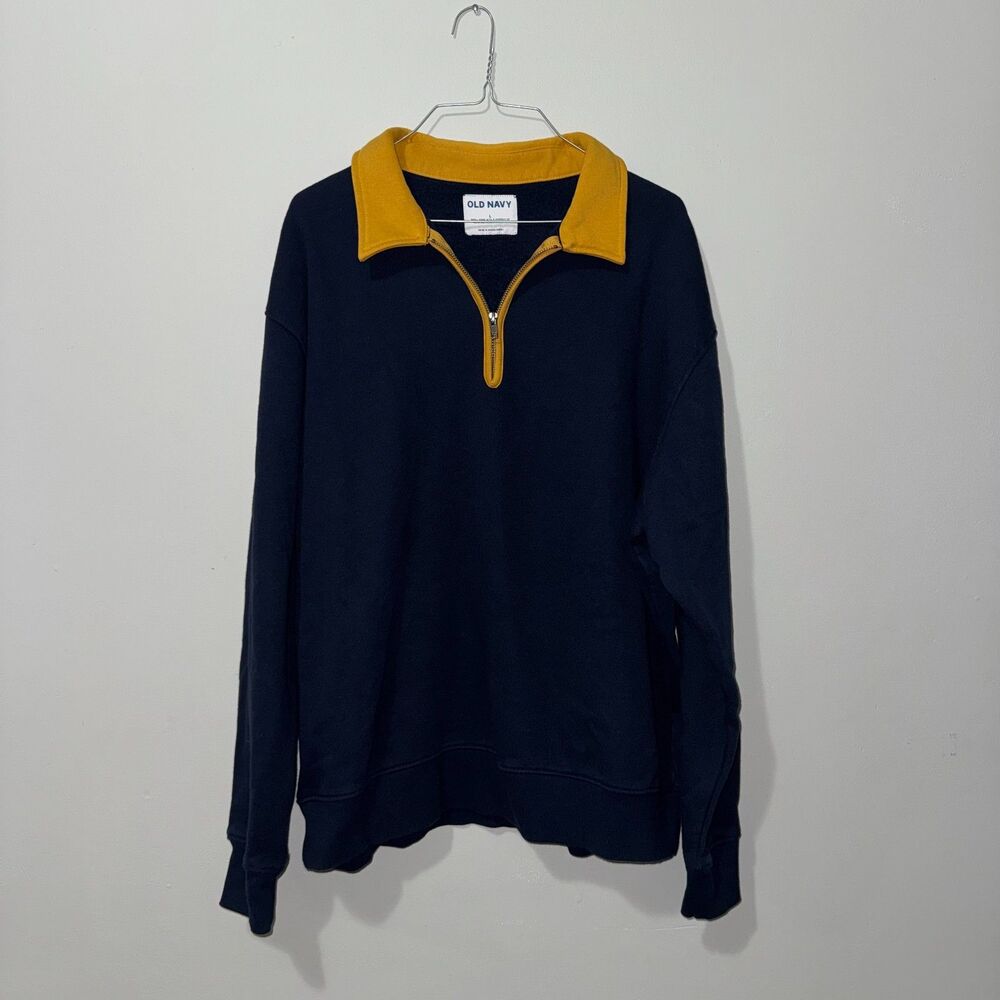 Men's Navy Blue Quarter Zip Sweater with a Yellow Collar - Size L